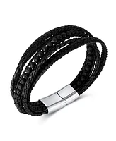 Rhona Sutton Black Multi Leather Beaded Stainless Steel Bracelet