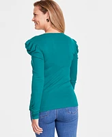 I.n.c. International Concepts Women's Puff-Sleeve Square-Neck Ribbed Top, Created for Macy's