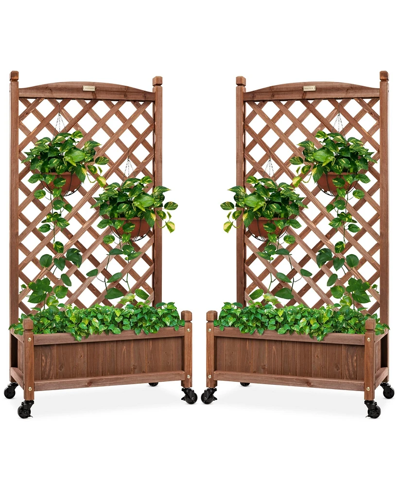 Best Choice Products Set of 2 48in Wood Planter Box & Diamond Lattice Trellis, w/ Drainage, Optional Wheels - Walnut