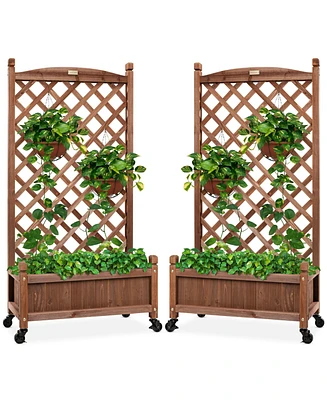 Best Choice Products Set of 2 48in Wood Planter Box & Diamond Lattice Trellis, w/ Drainage, Optional Wheels - Walnut