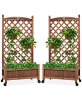 Best Choice Products Set of 2 48in Wood Planter Box & Diamond Lattice Trellis, w/ Drainage, Optional Wheels - Walnut