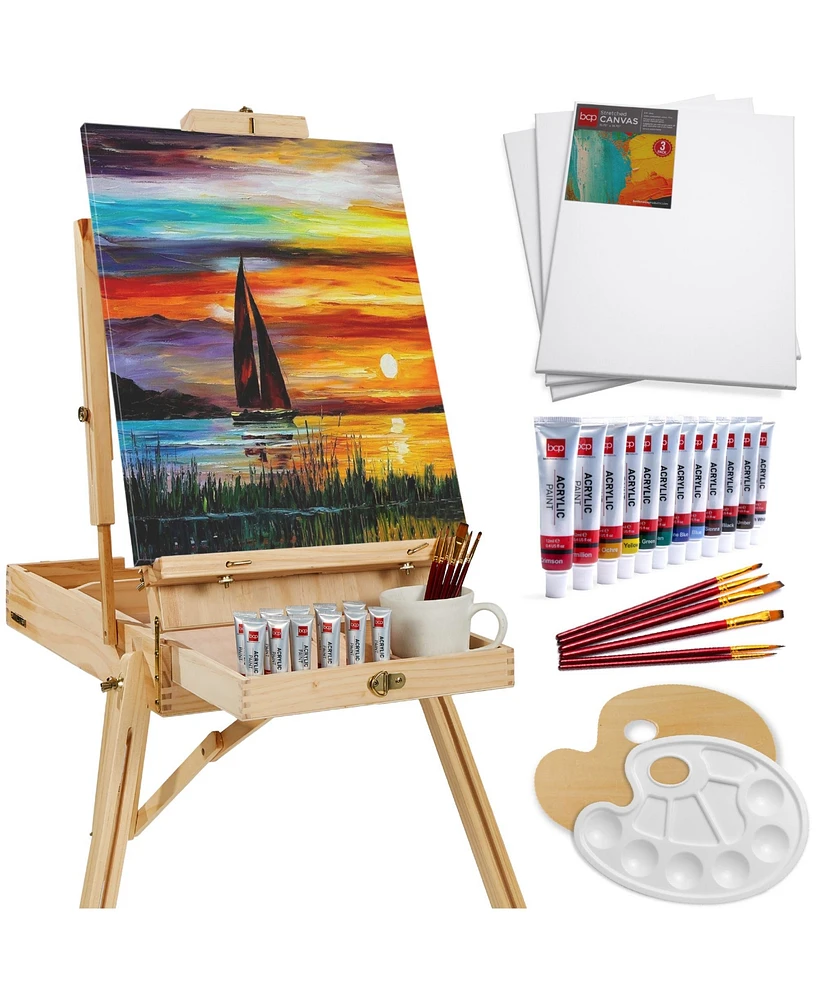 Best Choice Products French Easel, 32pc Beginners Kit Portable Wooden Adjustable Tripod w/ Paint Supplies