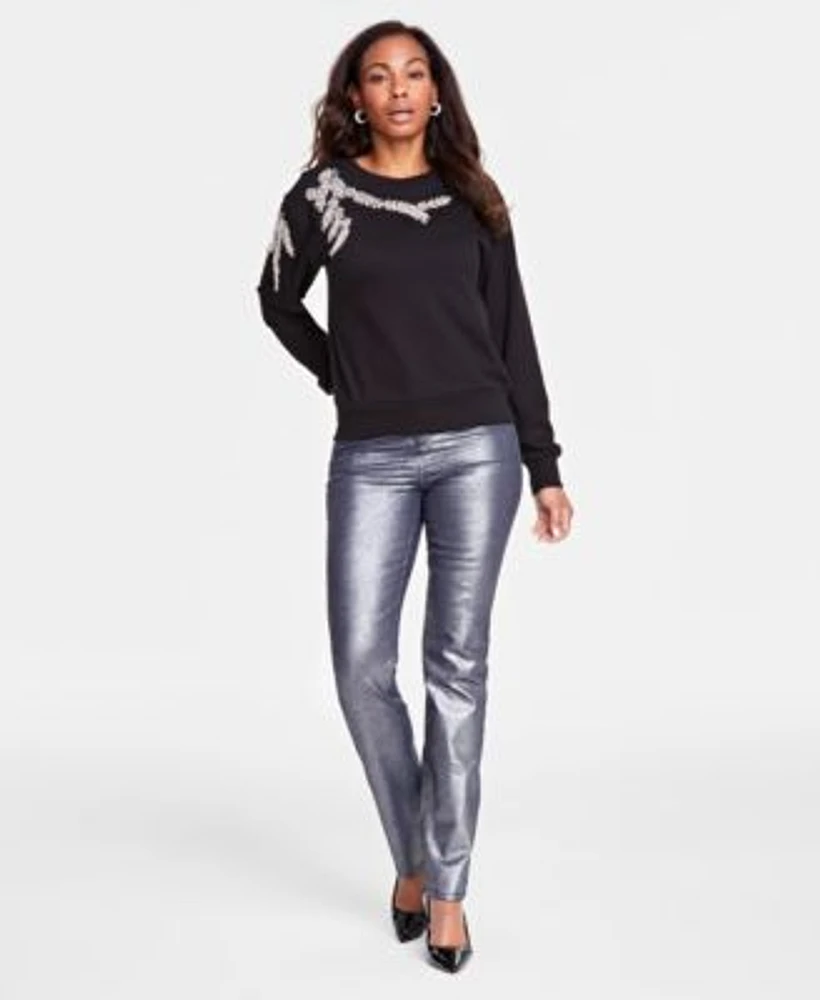 I.N.C. International Concepts Womens Embellished Crewneck Sweater Metallic Jeans Created For Macys