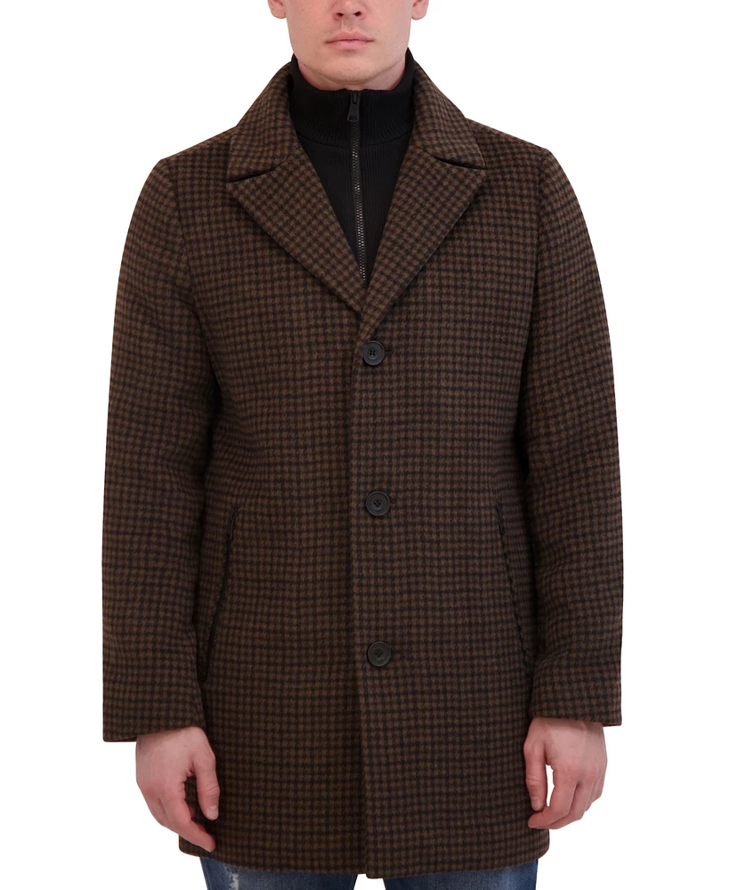 Kenneth Cole Men's Brush Houndstooth Textured Topcoat with Removable Bib