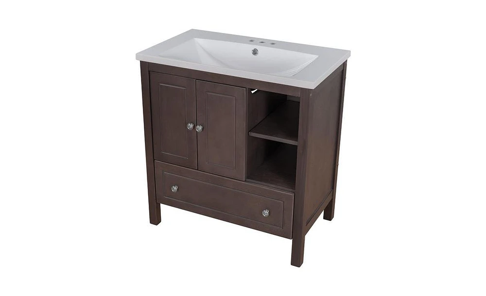 Slickblue Bathroom Vanity with Sink, Solid Wood Frame Cabinet with Doors & Drawers, Ceramic Sink