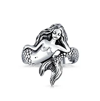 Bling Jewelry Nautical Marine Life Tropical Beach Siren Mermaid Ring For Women Oxidized .925 Sterling Silver 2MM Band