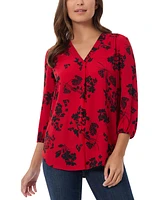 Jones New York Petite Floral Print Blouson-Sleeve V-Neck Blouse