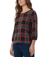 Jones New York Petite Plaid 3/4-Sleeve Crewneck Top