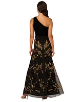 Adrianna Papell Women's One-Shoulder Beaded Velvet Ball Gown