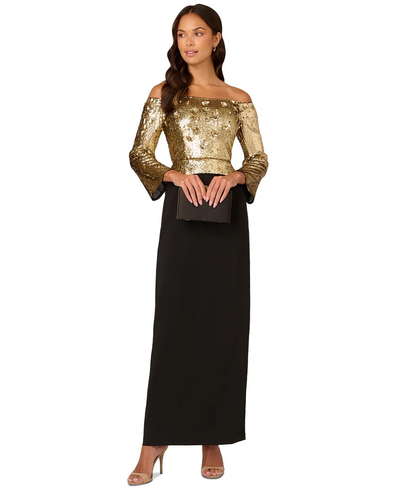 Adrianna Papell Women's Off-The-Shoulder Long-Sleeve Sheath Gown