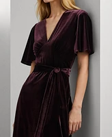 Lauren Ralph Women's Belted Velvet Flutter-Sleeve Dress