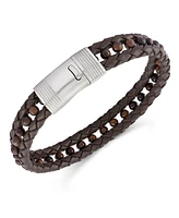 Rhona Sutton Brown Leather with Tigers Eye Beads Stainless Steel Bracelet