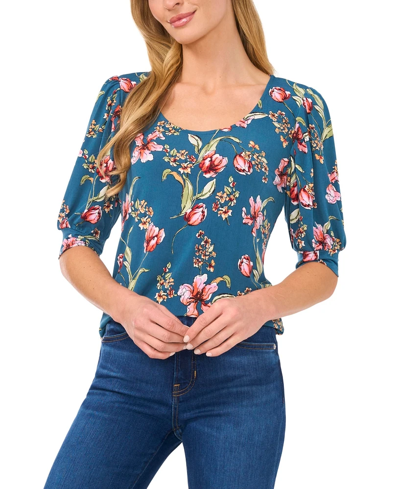 CeCe Women's Floral Crew Neck Knit Puff Sleeve Top