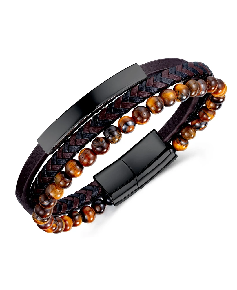 Rhona Sutton Black Tigers Eye Plated Leather Stainless Steel Bracelet