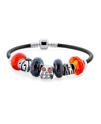 Bling Jewelry Halloween Bead Skull Ghost Pumpkin Orange Glass Themed Beads Multi Charm Bracelet For Women .925 Sterling Silver Black Leather European