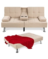Best Choice Products Modern Linen Convertible Futon Sofa Bed w/ Removable Armrests, Metal Legs, Cupholders