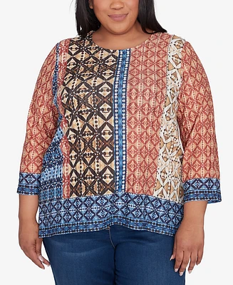 Alfred Dunner Plus Harvest Moon Batik Textured Border Top