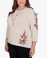 Alfred Dunner Plus Harvest Moon Paisley Floral Sweater with Necklace