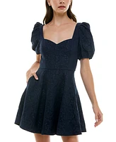 Trixxi Juniors' Embroidered Tie-Back Puff-Sleeve Dress