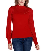 Belldini Women's Black Label Pointelle and Rhinestone Detail Sweater