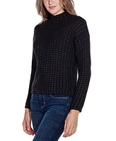 Belldini Women's Black Label Embellished Mock Neck Ribbed Sweater