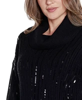 Belldini Women's Black Label Sequin Trim Cowl Neck Sweater