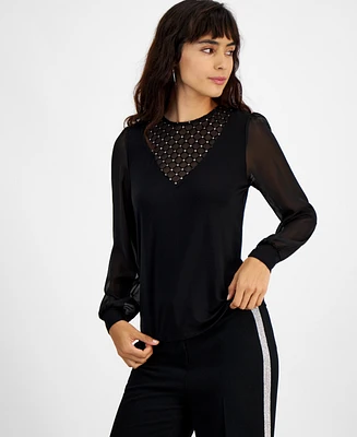 Bar Iii Women's Crewneck Long-Mesh-Sleeve Top, Created for Macy's