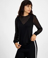 Bar Iii Women's Crewneck Long-Mesh-Sleeve Top, Created for Macy's