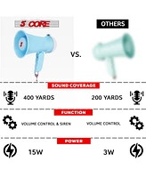 5 Core Megaphone Bullhorn Speaker 15W Mini Battery Power Bull horn w Siren 400 Yard Range - Sky Blue