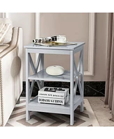 Gymax 2PCS 3-Tier Nightstand End Table X Design Storage Display Shelf Living Room Grey