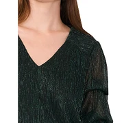 Msk Women's Metallic Mesh Lantern-Sleeve V-Neck Top