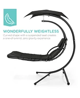 Best Choice Products Hanging Curved Chaise Lounge Chair Swing for Backyard, Patio w/ Pillow, Shade, Stand