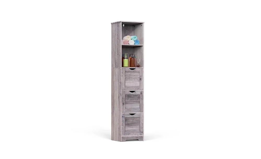 Slickblue Grey Bathroom Floor Cabinet – Tall, Narrow Storage with 3 Drawers, 2 Shelves