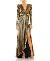 Mac Duggal Women's Princess Sleeve Cut Out Metallic Gown