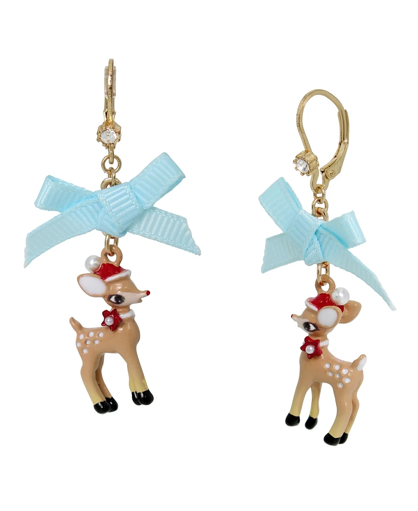 Betsey Johnson Faux Stone Jingle Bell Bling Christmas Reindeer Drop Earrings