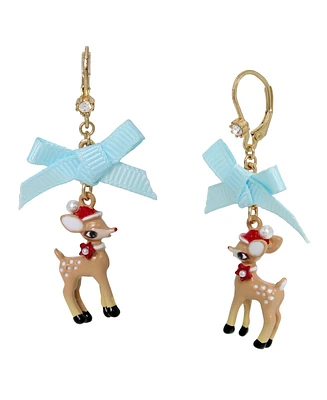 Betsey Johnson Faux Stone Jingle Bell Bling Christmas Reindeer Drop Earrings