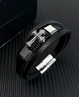 Rhona Sutton Cross Black Leather Stainless Steel Bracelet