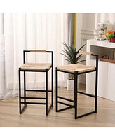 Set of 2 Bar Stools with Back Paper Rope Woven Counter Height Dining Chairs for Kitchen