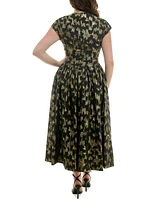 Taylor Plus Printed V-Neck Cap-Sleeve Dress