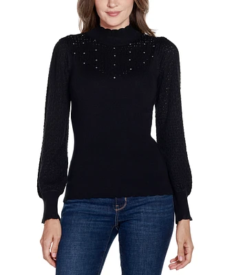 Belldini Women's Black Label Pointelle and Rhinestone Detail Sweater