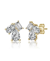 Genevive Sterling Silver Cubic Zirconia Three-Stone Cluster Stud Earrings in White Gold Plated or 14k Gold Plated