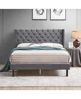 Slickblue Velvet Button Tufted Upholstered Bed with Wingback Design