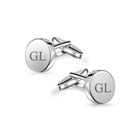 Bling Jewelry Monogram Initial Geometric Solid Flat Round Circle Disc .925 Sterling Silver Shirt Cufflinks For Men Cuff Links Executive Gift Hinge Bul