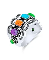 Bling Jewelry Southwest Boho Western Style 5 Rectangle Multi Color Natural Stones Bezel Set Statement Wide Band Ring Oxidized .925 Sterling Silver