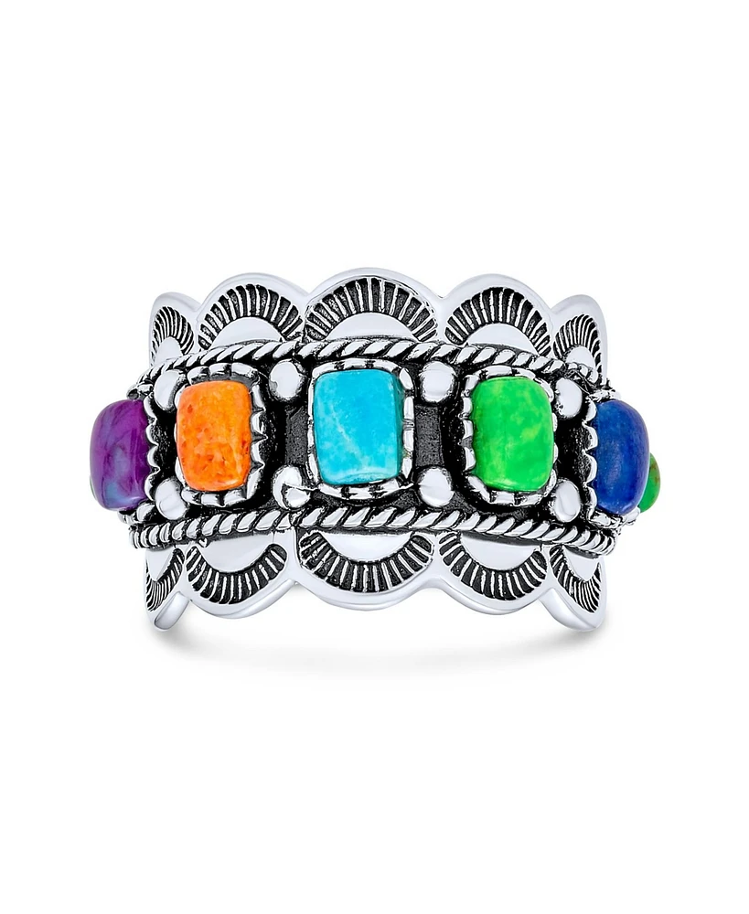 Bling Jewelry Southwest Boho Western Style 5 Rectangle Multi Color Natural Stones Bezel Set Statement Wide Band Ring Oxidized .925 Sterling Silver