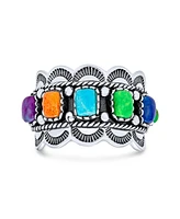 Bling Jewelry Southwest Boho Western Style 5 Rectangle Multi Color Natural Stones Bezel Set Statement Wide Band Ring Oxidized .925 Sterling Silver