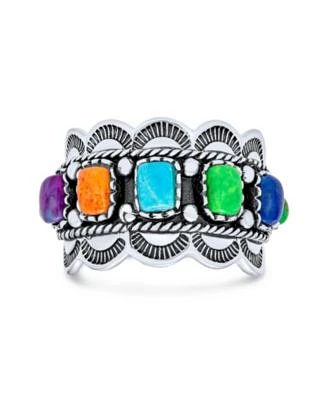 Bling Jewelry Southwest Western Style 5 Rectangle Multi Color Bezel Set Purple Blue Green Orange Statement Wide Band Ring For Women Oxidized .925 Sterling Silver