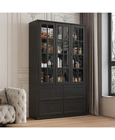 Famapy Grey Wood Bookcase With Tempered Glass Doors and 6-Drawers