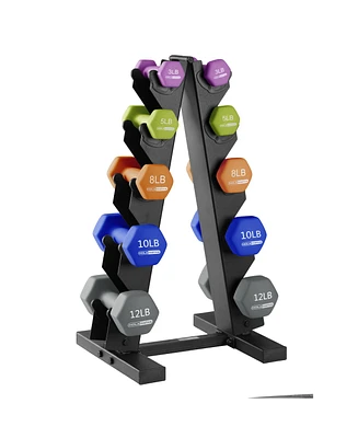 HolaHatha 3, 5, 8, 10, & 12 Pound Neoprene Hexagon Dumbbell Weight Set w/Stand