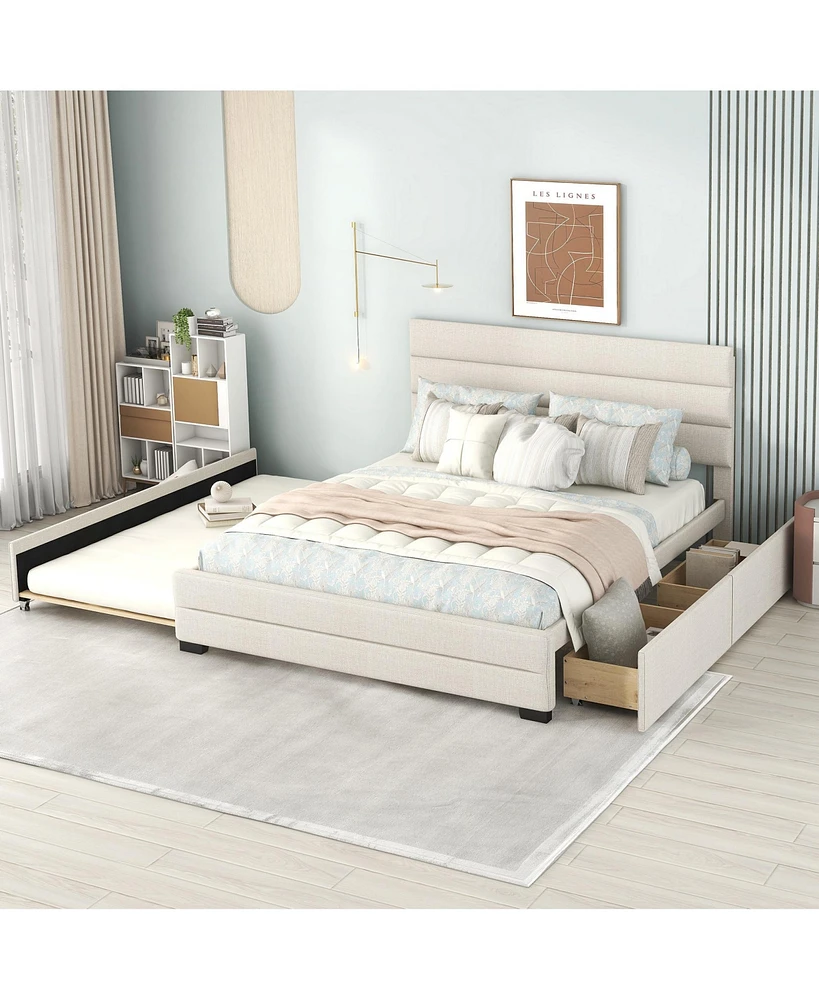 Slickblue Queen Upholstered Platform Bed with Twin Size Trundle and Two Drawers